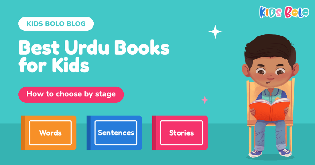 Best Urdu books for kids by stage: boy reading a book beside Words, Sentences and Stories books