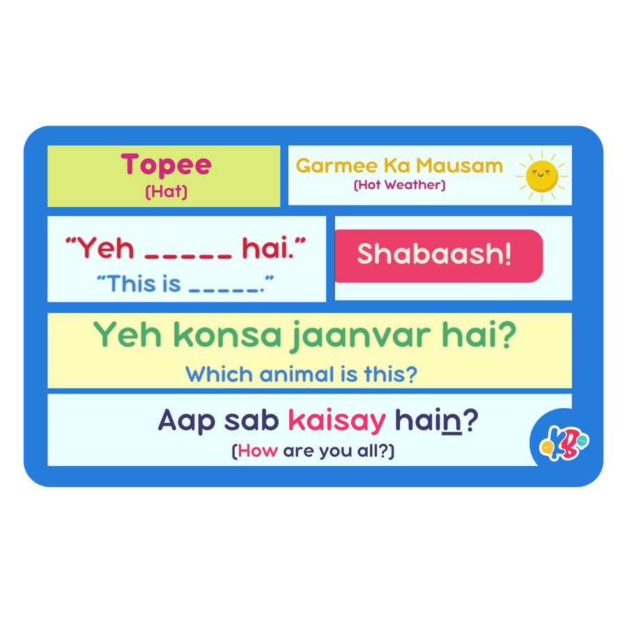 A Kids Bolo class slide with Roman Urdu questions and English hints