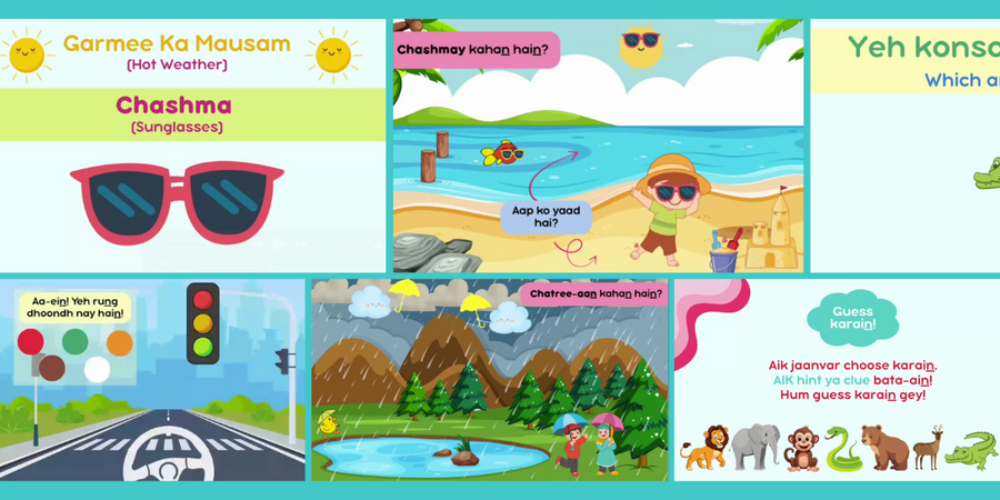 Kids Bolo class slides with pictures and Roman Urdu words