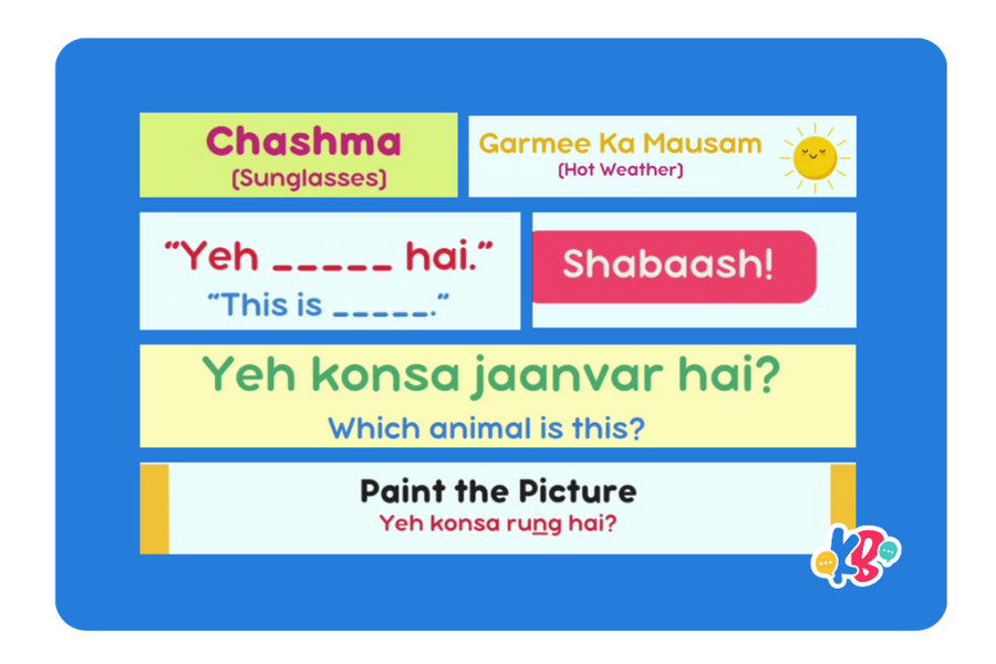 A Kids Bolo class slide with Roman Urdu sentence practice